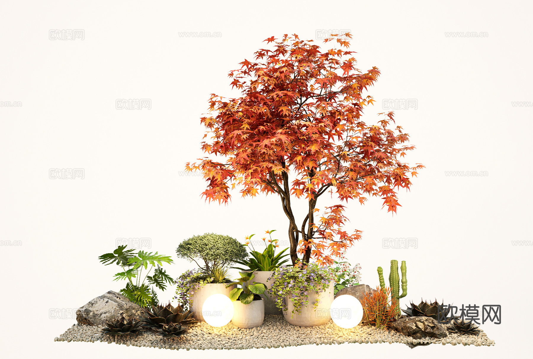 现代植物盆栽 红枫 景观造型树 花镜绿植堆免费su模型