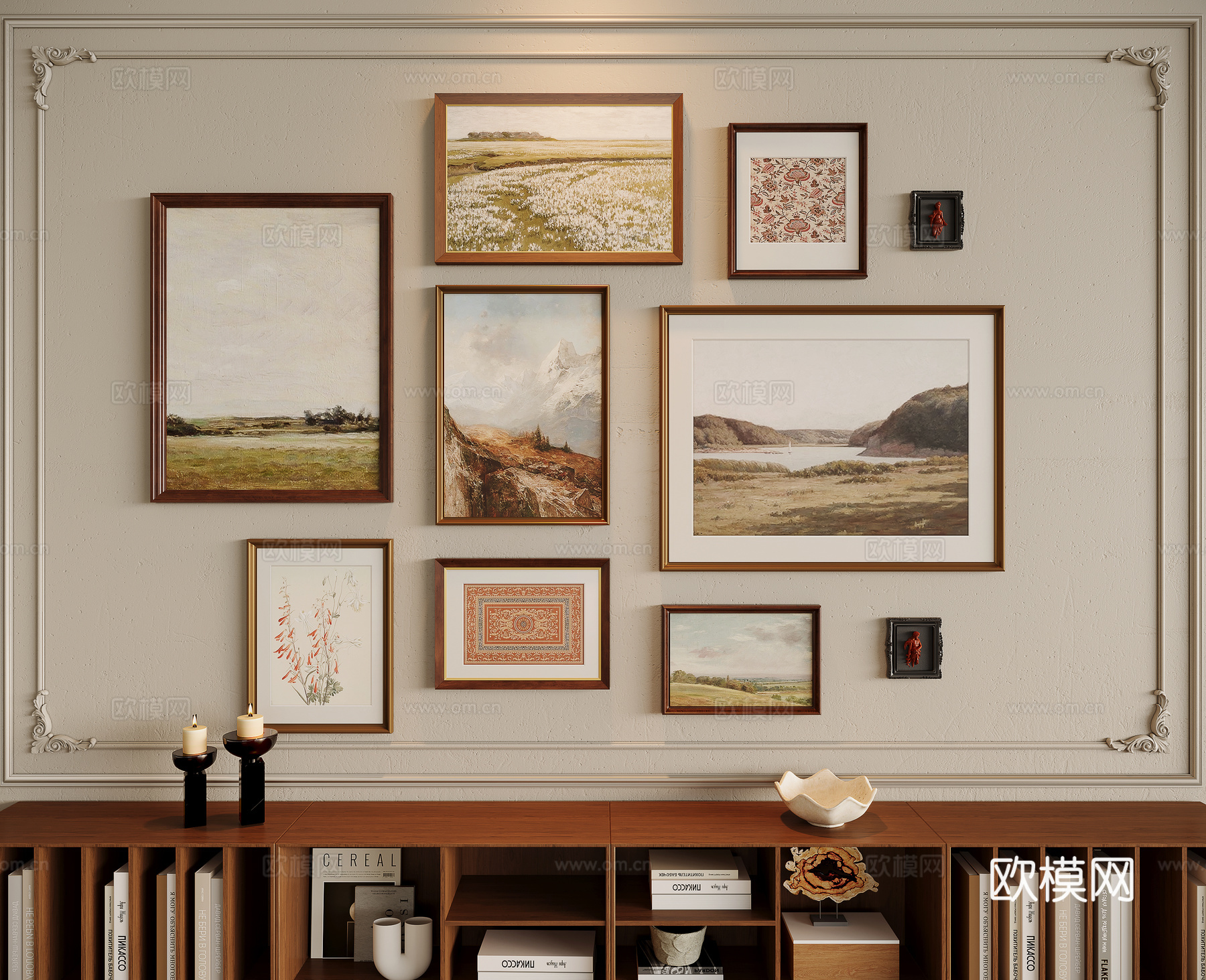 中古风组合装饰画su模型下载（渲染图1）