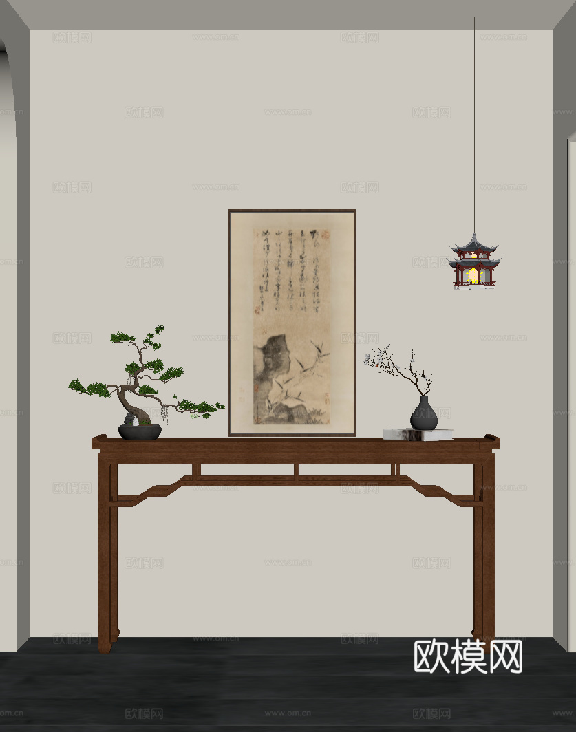 新中式玄关 端景条案su模型