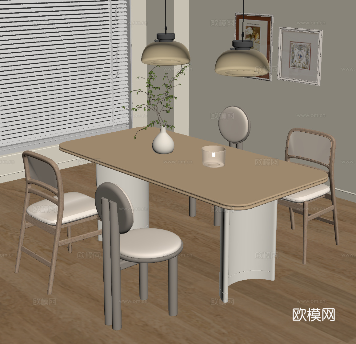 现代奶油风餐桌椅su模型