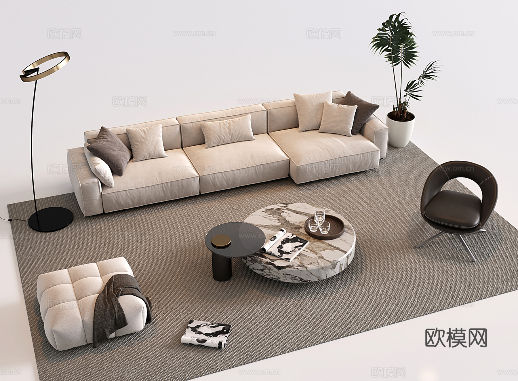 现代沙发茶几组合 三人沙发 休闲椅 茶几3d模型