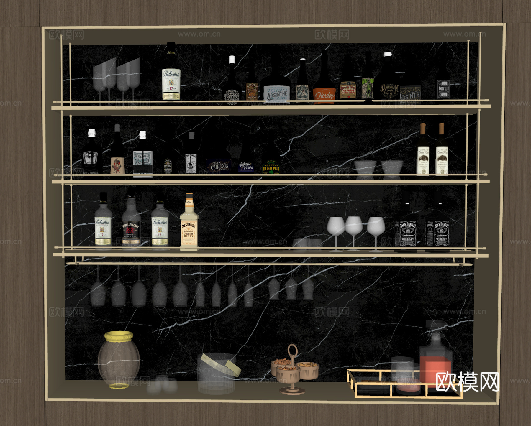 现代 意式 酒架 金属酒架 酒瓶酒水 酒具酒杯 红酒 洋酒su模型