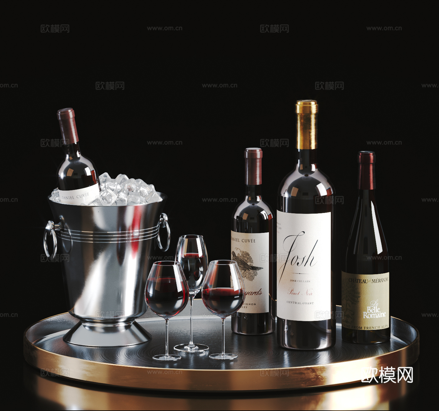 现代红酒 酒瓶 酒水 冰桶 酒杯 酒具su模型