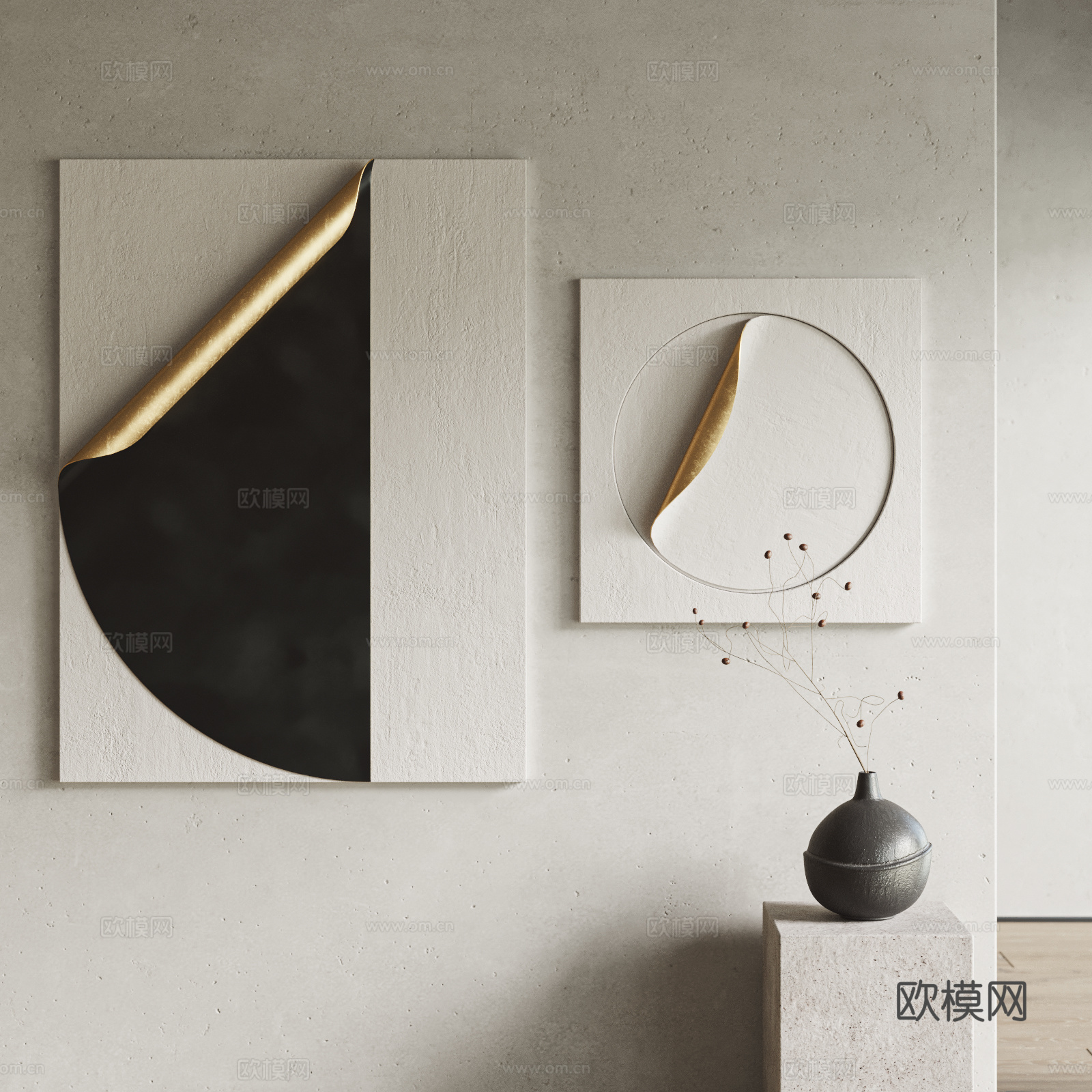 现代挂画组合 装饰画组合 装置 立体画 花瓶 装饰艺术 墙饰3d模型