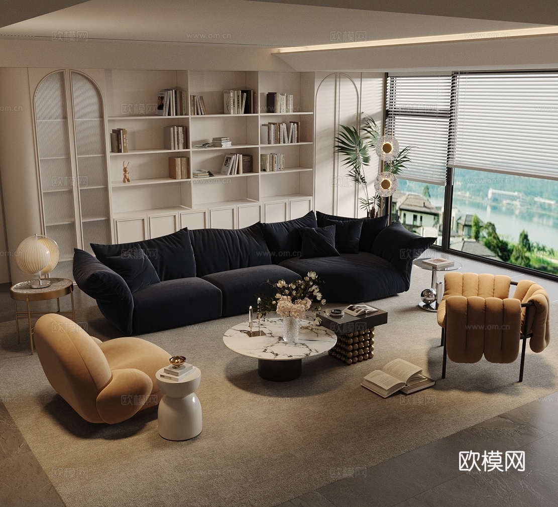 法式家居客厅 法式复古风客厅 法式沙发茶几 花瓣多人沙发3d模型