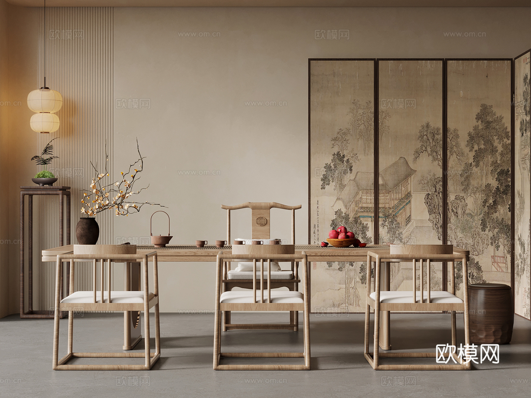 新中式茶室 茶桌椅组合 茶台 屏风3d模型