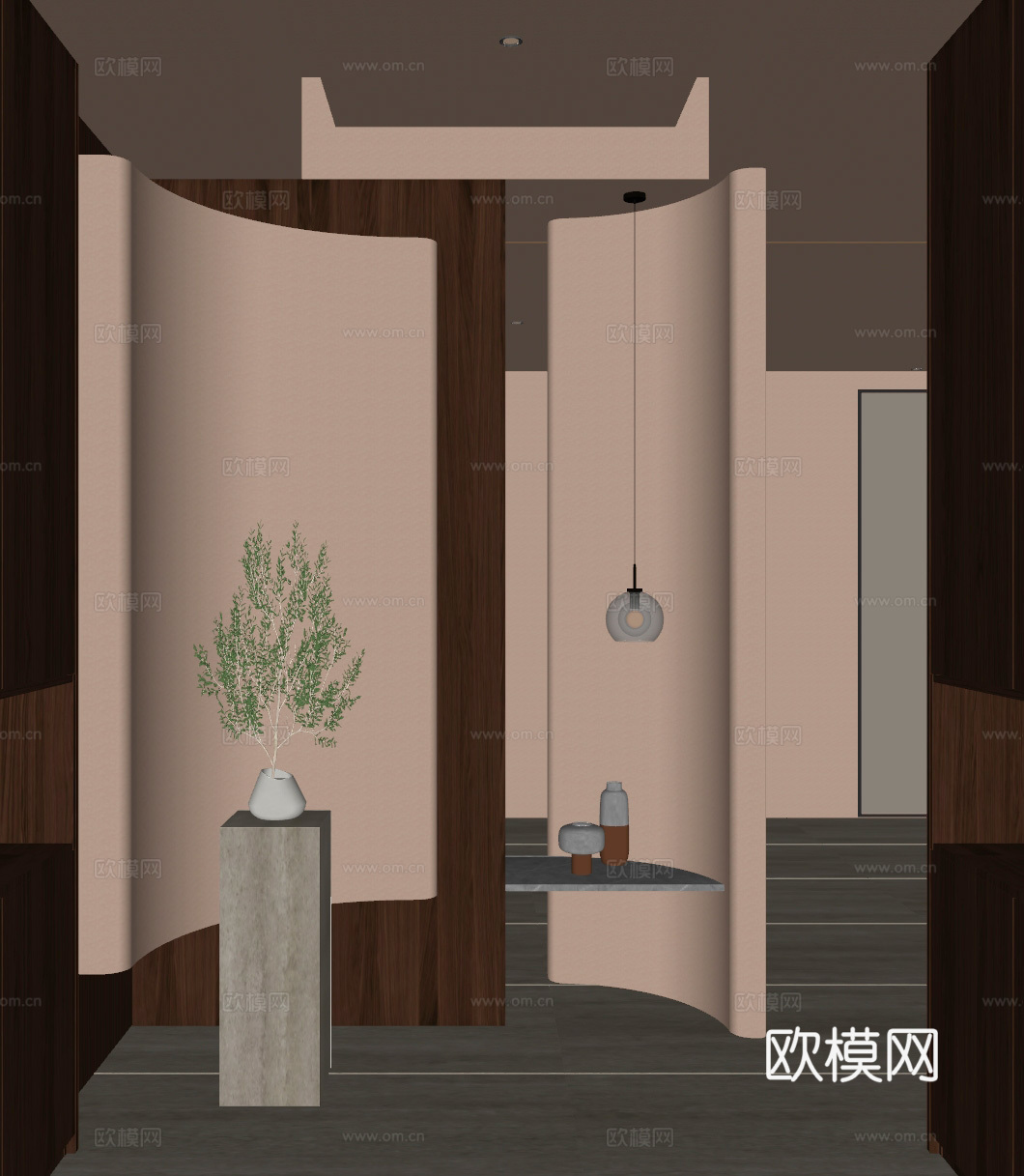 奶油 中古风 弧形造型 悬浮顶 洞石 鞋柜 端景 玄关su模型
