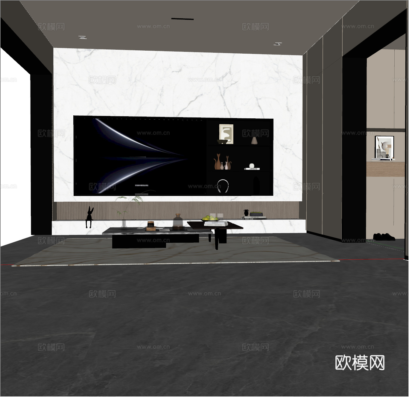 现代悬浮电视墙 石材地台电视墙 现代意式茶几摆件 现代奶油地su模型