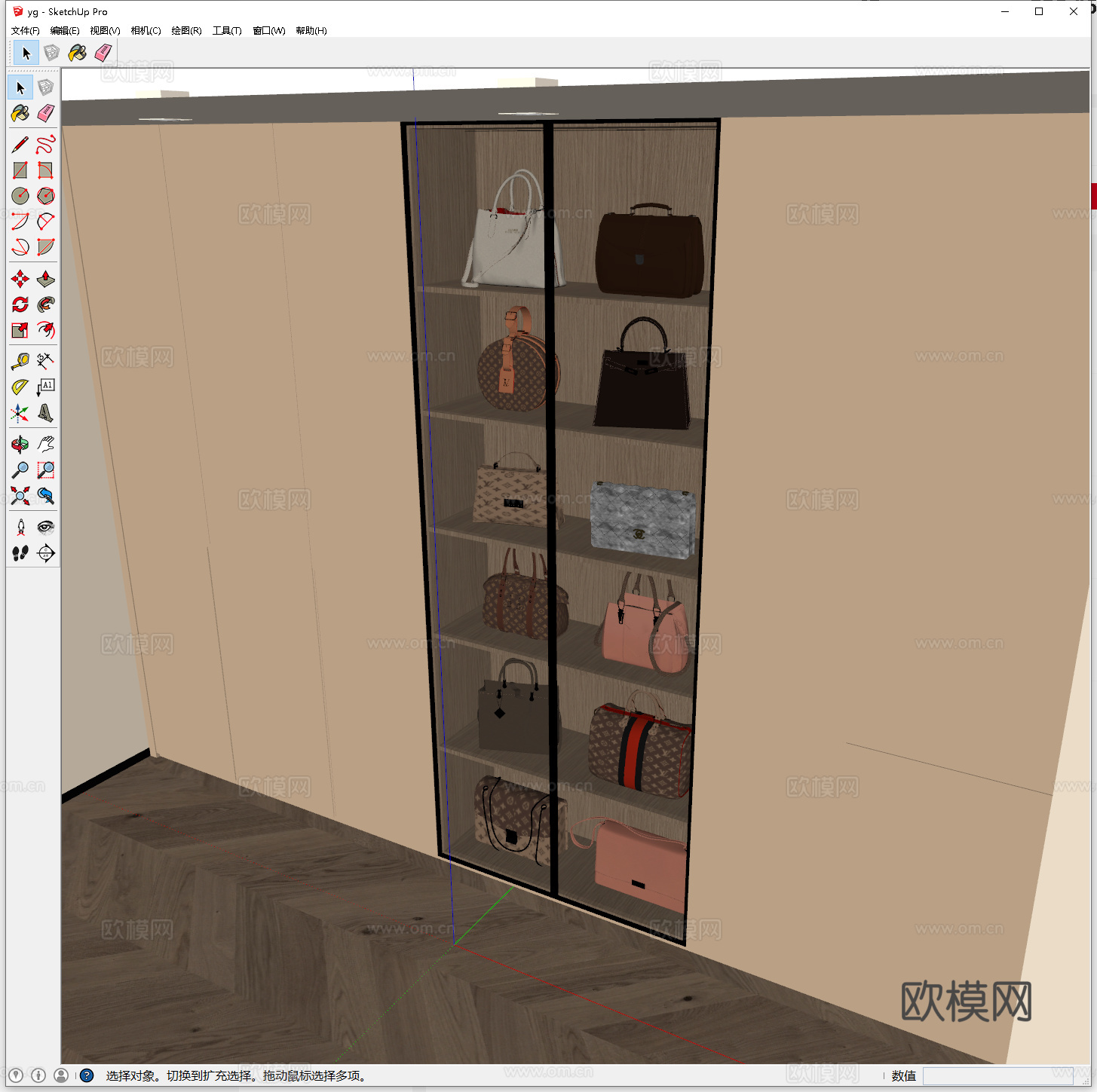 现代极简衣柜 现代暗拉手衣柜 现代平板衣柜 玻璃衣柜包包展柜su模型