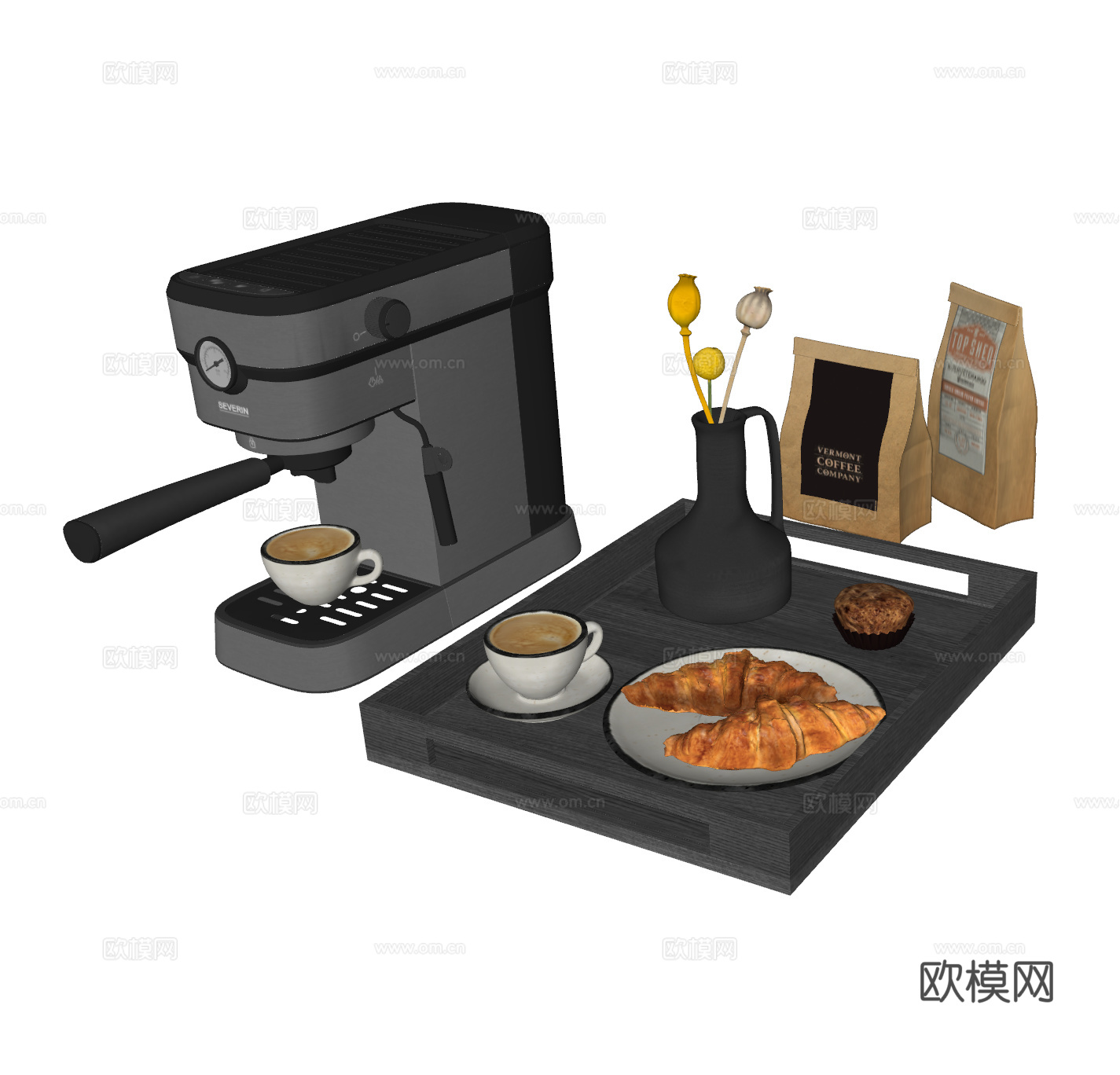 现代咖啡机 餐具食物组合 咖啡杯 面包 花瓶 摆件组合su模型