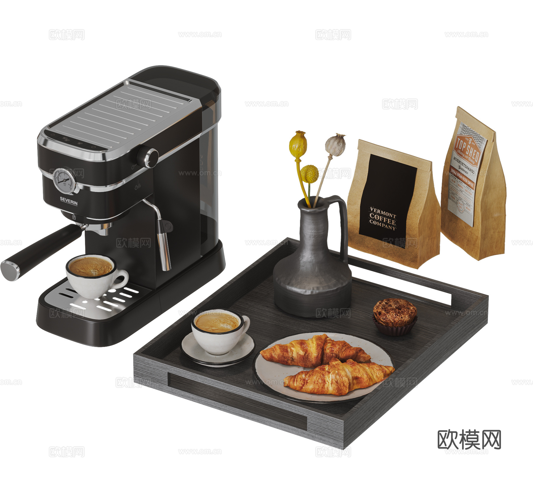 现代咖啡机 餐具食物组合 咖啡杯 面包 花瓶 摆件组合3d模型
