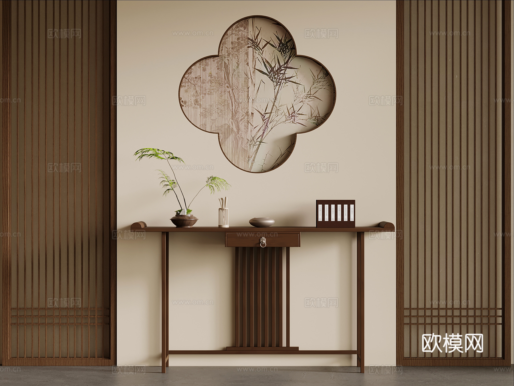 新中式玄关柜 端景柜 背景墙3d模型
