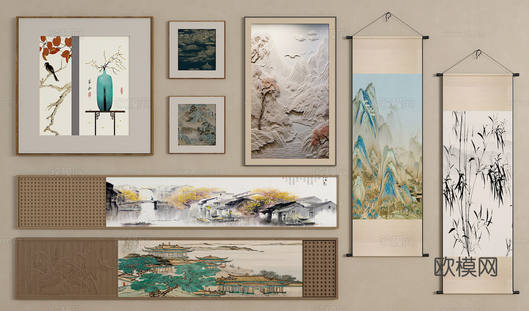 新中式挂画 宋氏中古风挂画 长条挂画 横向挂画 挂画组合3d模型