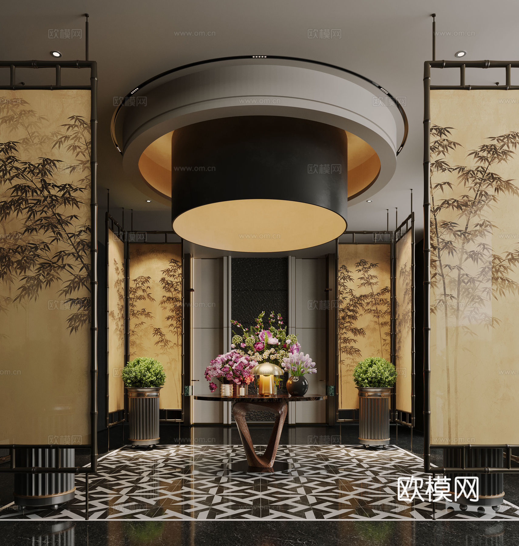 现代大厅 酒店大厅 会所大厅 花艺摆台组合 屏风隔断3d模型