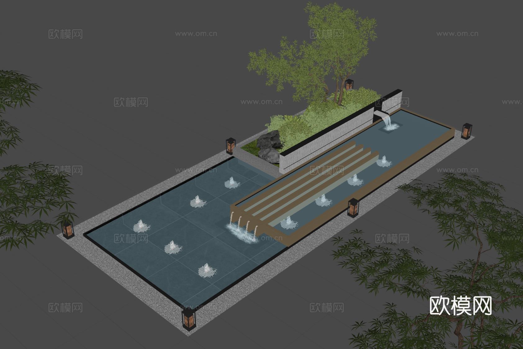 现代水景观 庭院水景 水钵叠水 跌水su模型