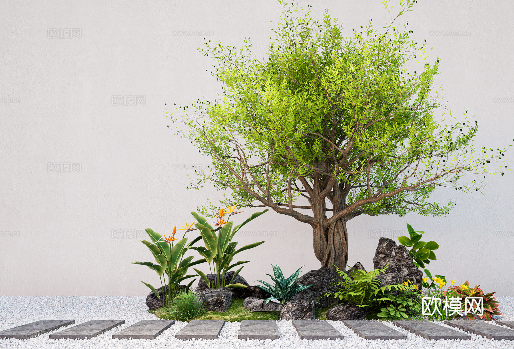现代植物堆 景观老桩造型树 灌木植物组合 花镜免费su模型