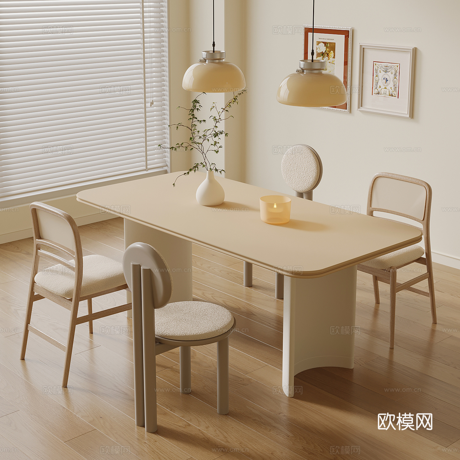 现代奶油风餐桌椅su模型
