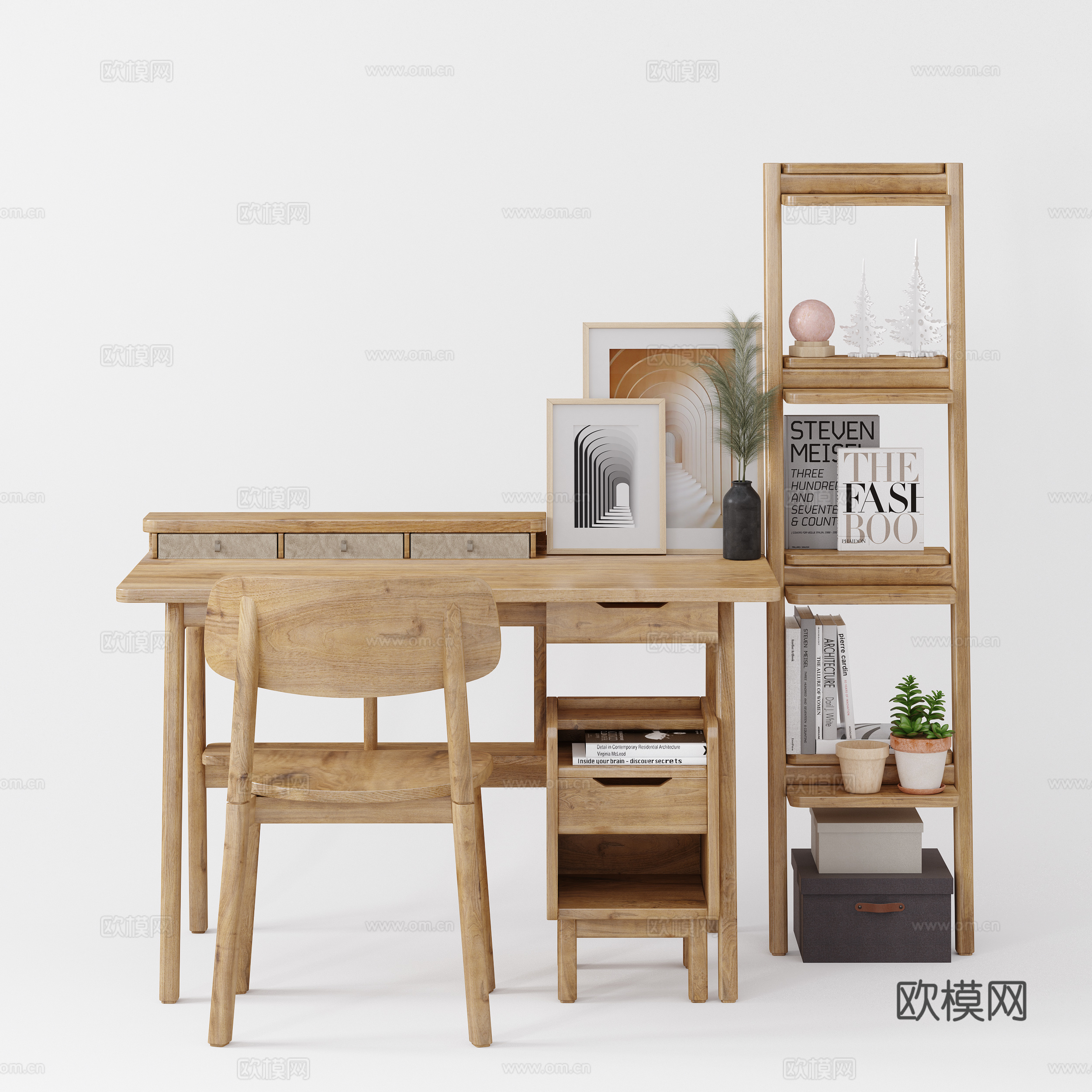 现代北欧原木风书桌椅3d模型