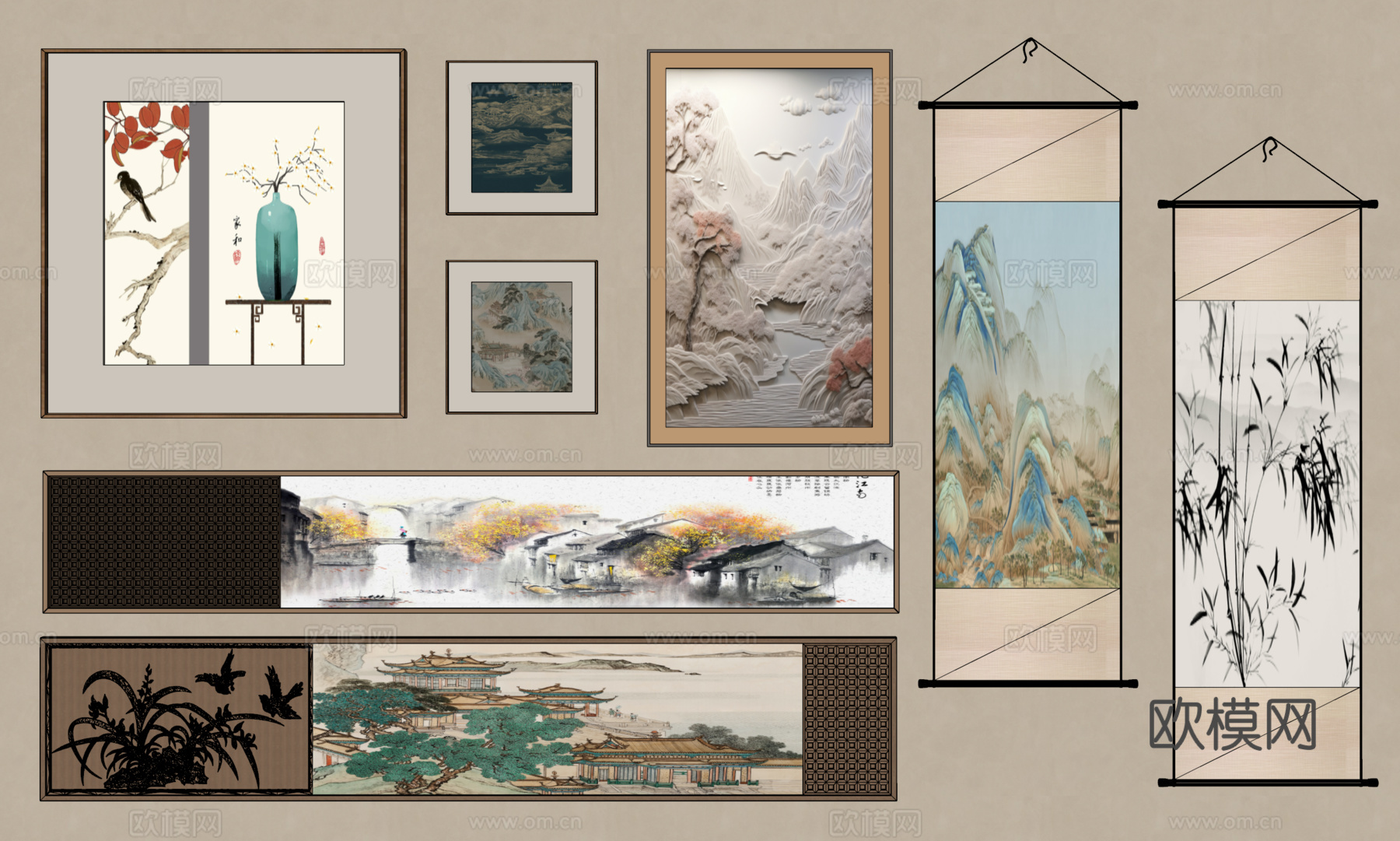 新中式挂画 宋氏中古风挂画 长条挂画 横向挂画 挂画组合su模型