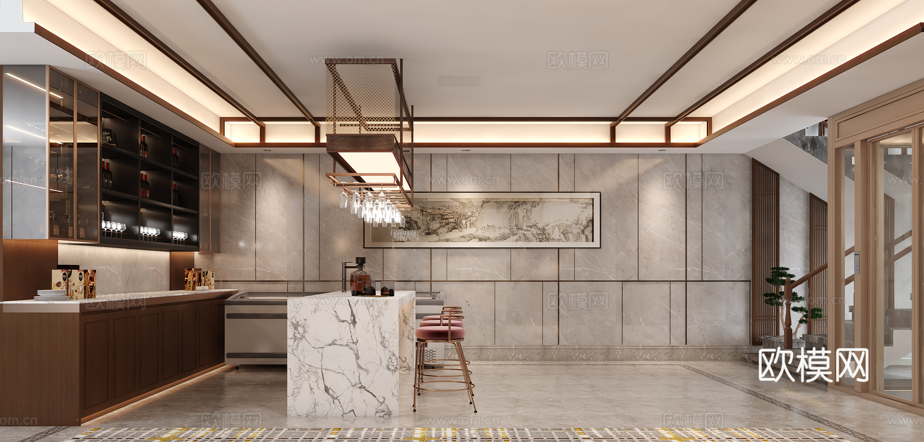 新中式餐厅 新中式酒柜 吧台 地下室3d模型