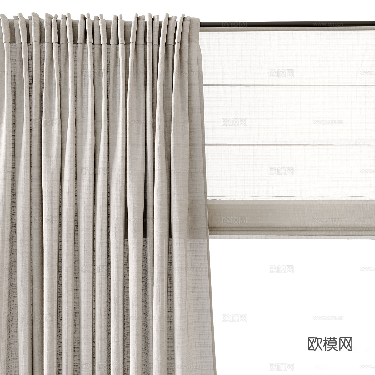 现代奶油风布艺罗马杆窗帘3d模型
