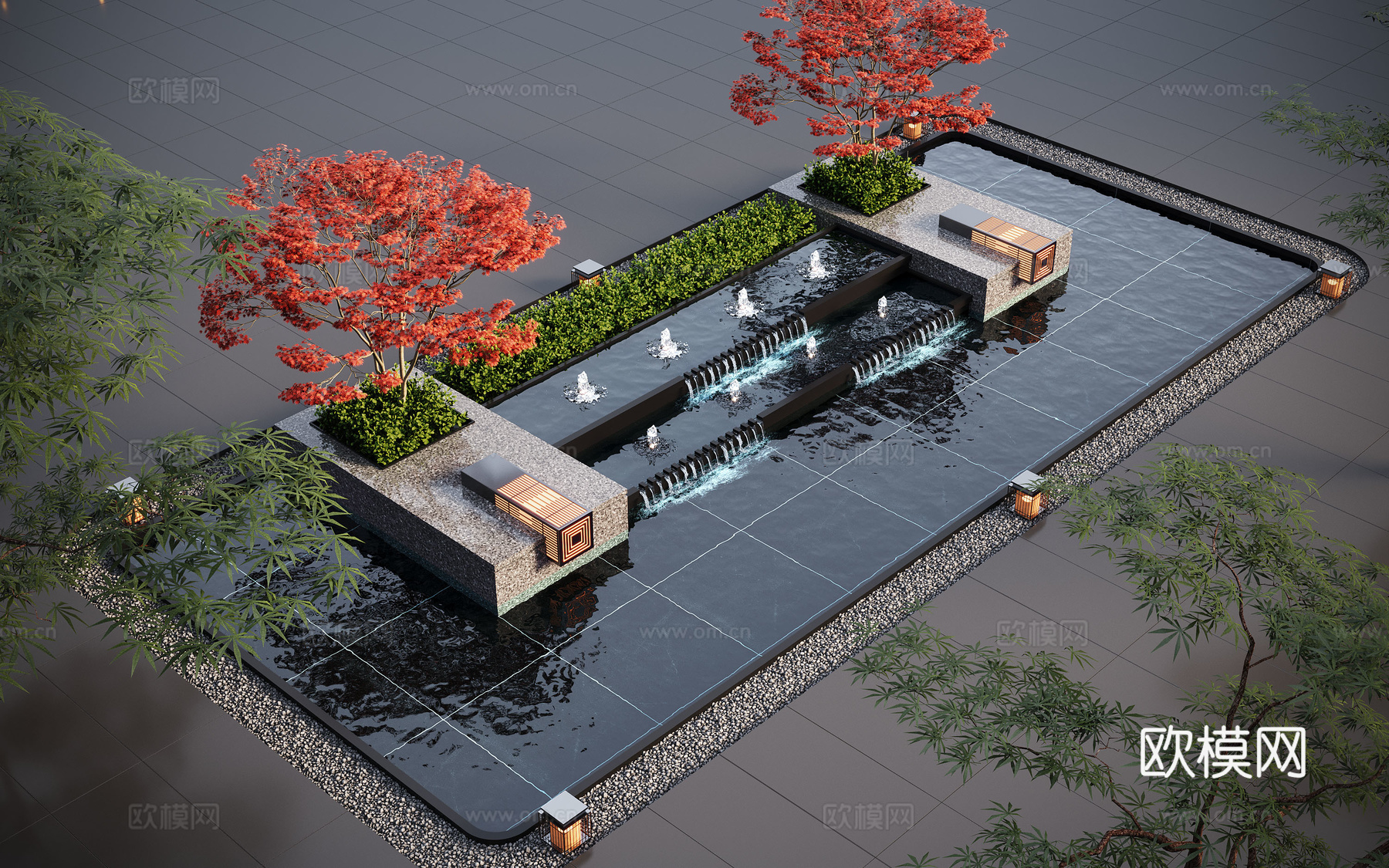 现代水景观 庭院水景 水钵叠水 跌水su模型