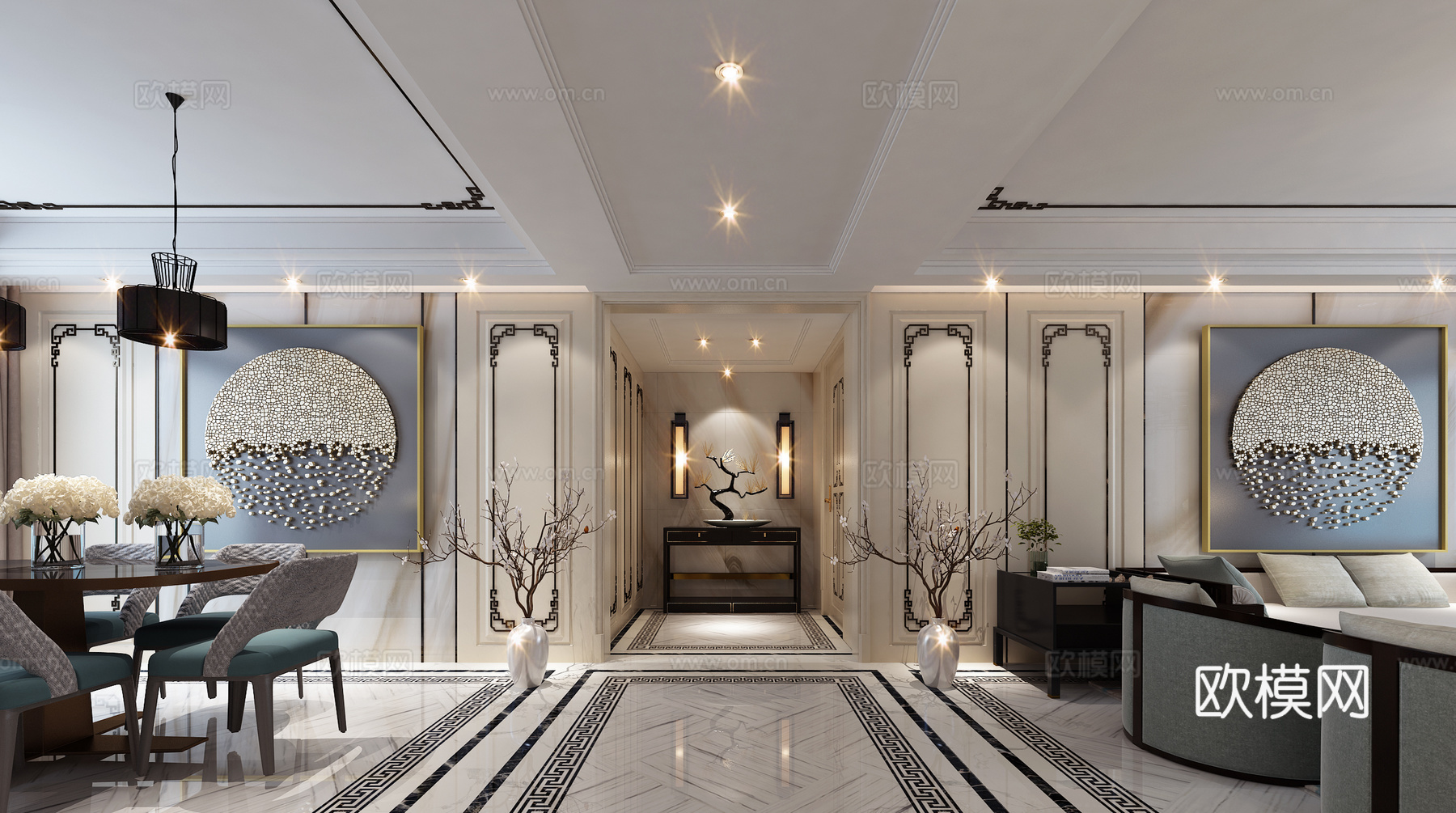 新中式客厅餐厅 沙发 茶几 吊灯 餐桌椅3d模型