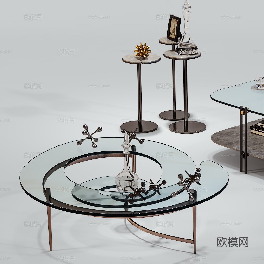 现代玻璃茶几组合  装饰品组合3d模型