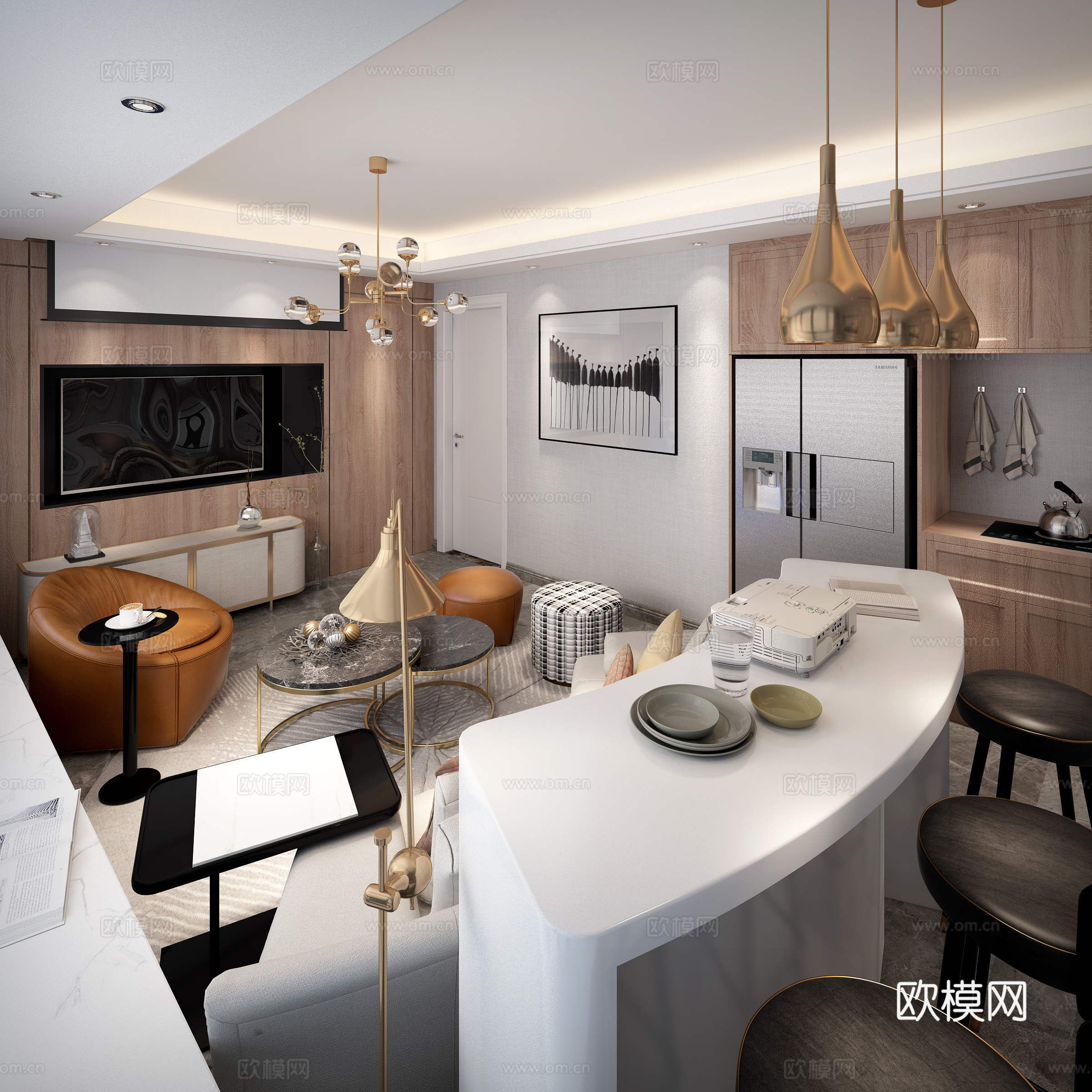 现代客餐厅 沙发茶几 餐桌椅 挂画 物件摆件 吊灯 墙饰品3d模型
