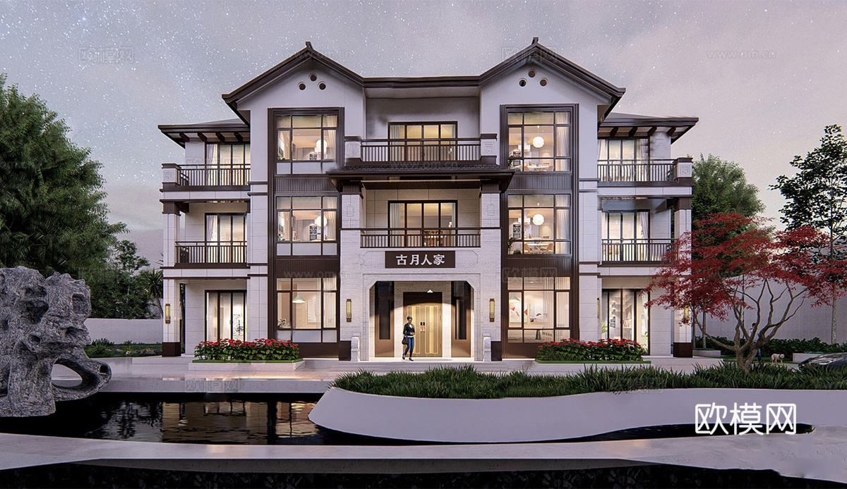 新中式别墅 独栋别墅 自建房 三层别墅su模型