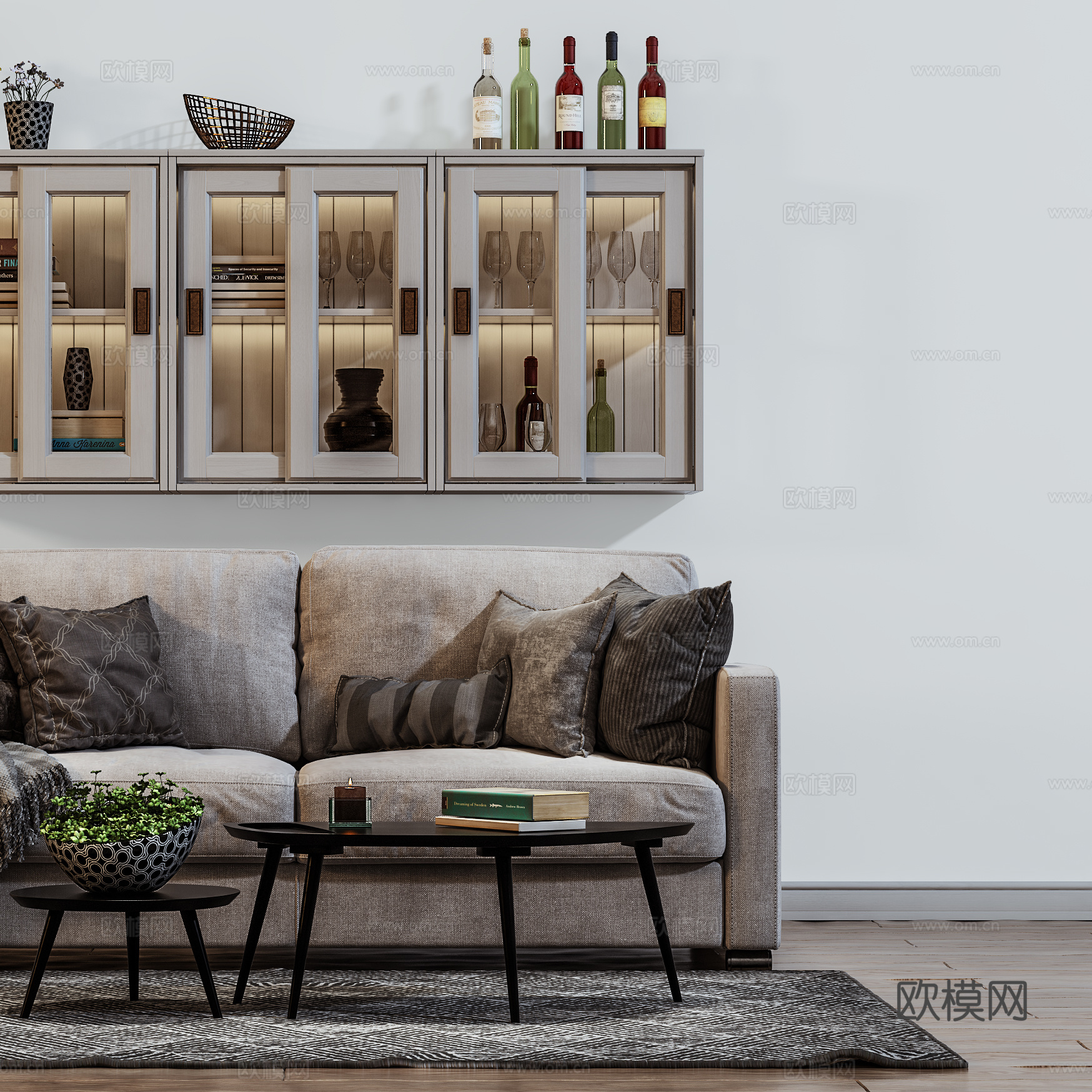 现代沙发茶几组合  吊柜储物柜组合  餐具3d模型
