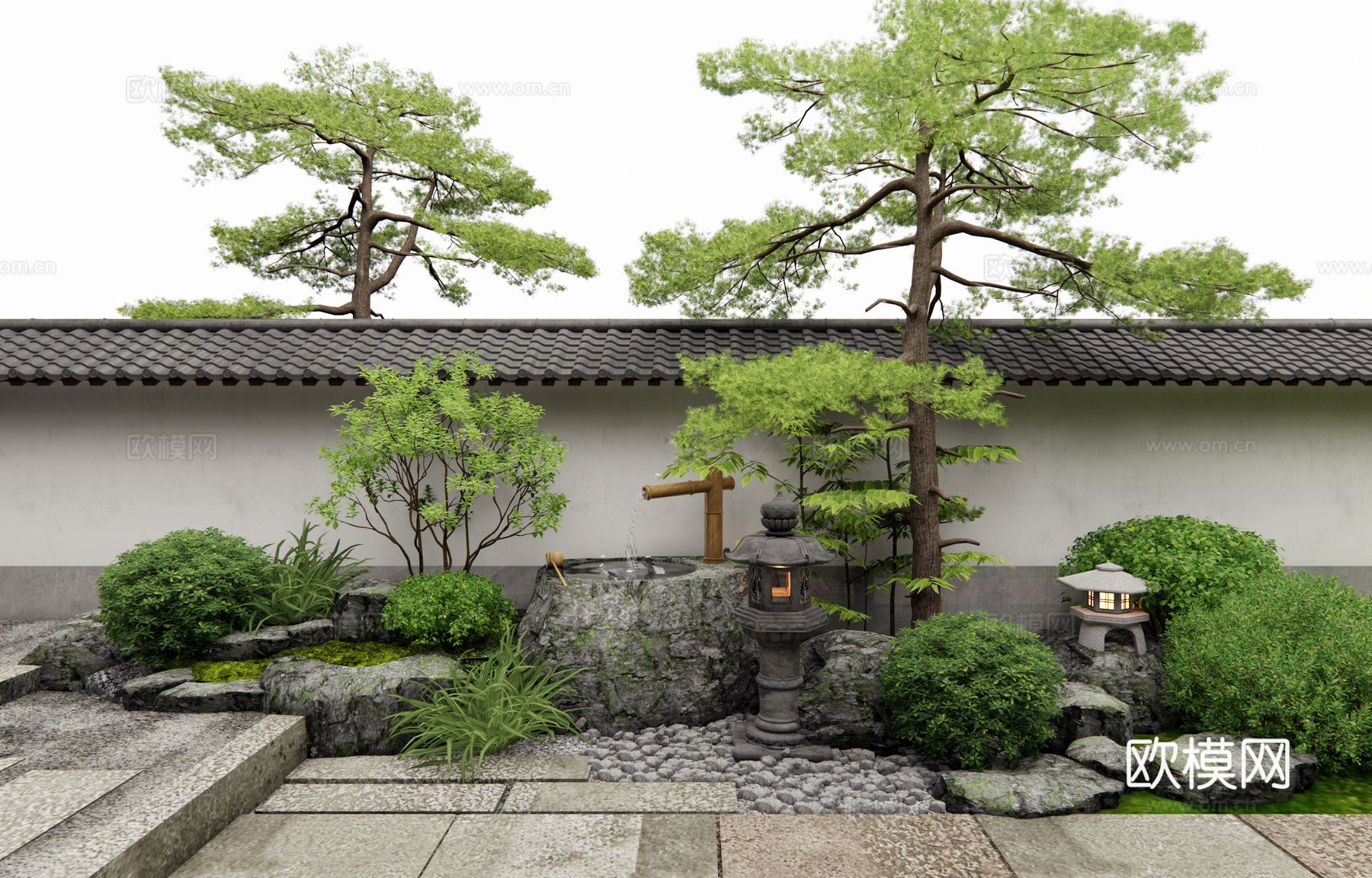 日式庭院景观 水钵水景 石臼水景 景观石头 青石板 灌木球su模型
