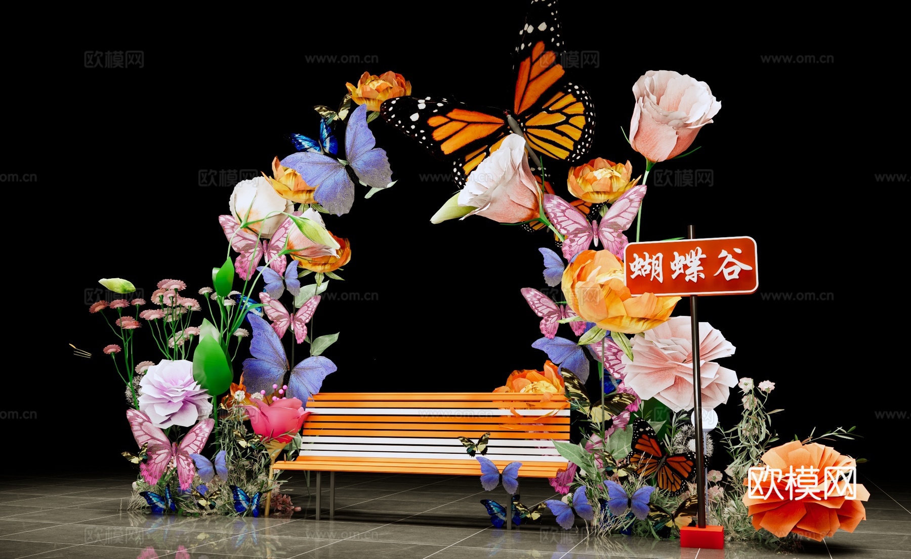 现代美陈 蝴蝶互动景观美陈 婚礼花拱门 网红拍照打卡点 商业su模型