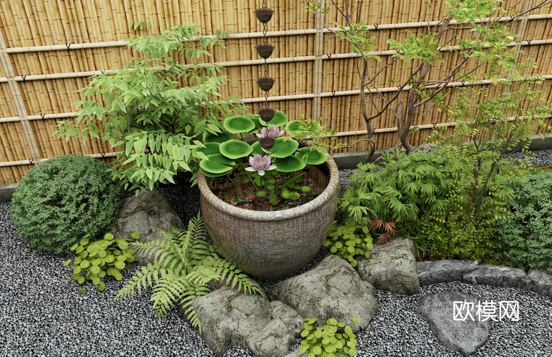 新中式水缸 鱼缸 荷花缸 庭院小品 植物组合 枯山水 水钵su模型