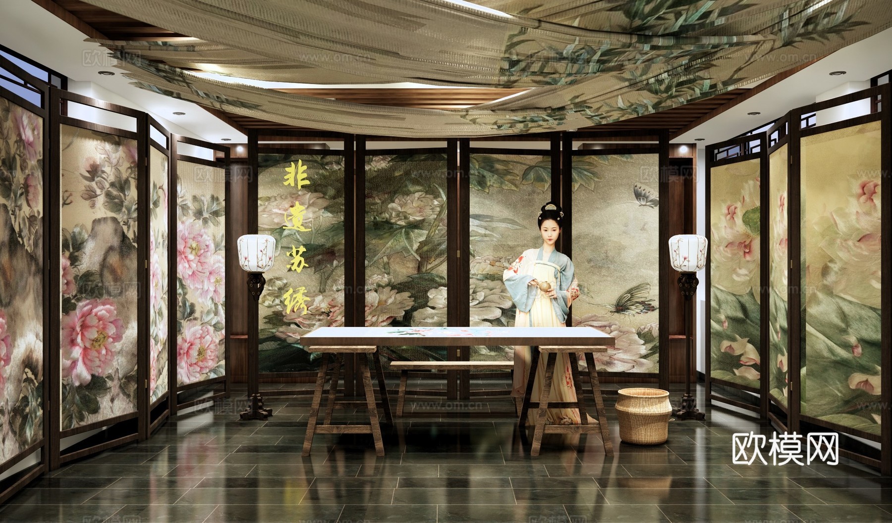 新中式非遗展厅 非遗文化苏绣展览 传统刺绣博物馆 刺绣绣房展su模型