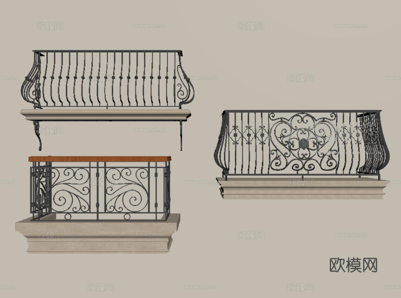 欧式古典铁艺栏杆 围栏 雕花护栏 栏杆su模型
