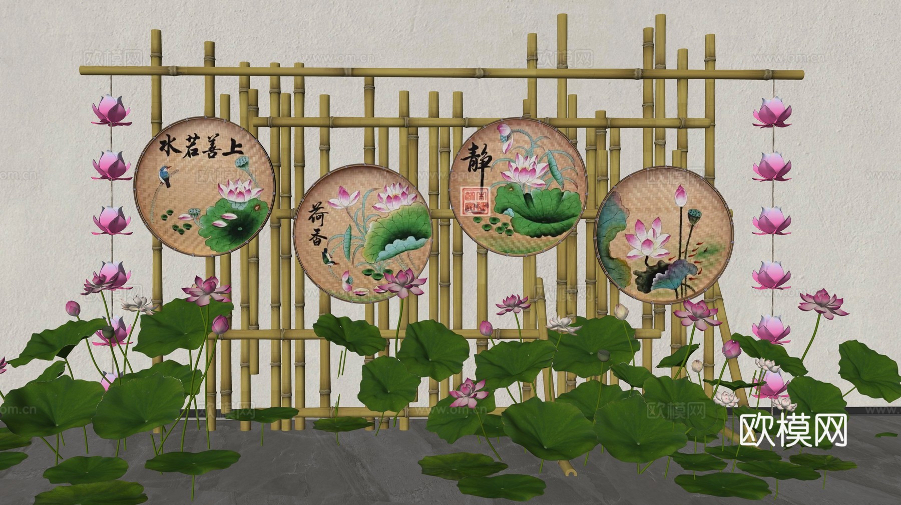 荷花主题艺术美陈 竹编簸箕装饰画 乡村民俗文化美陈 端午节装su模型