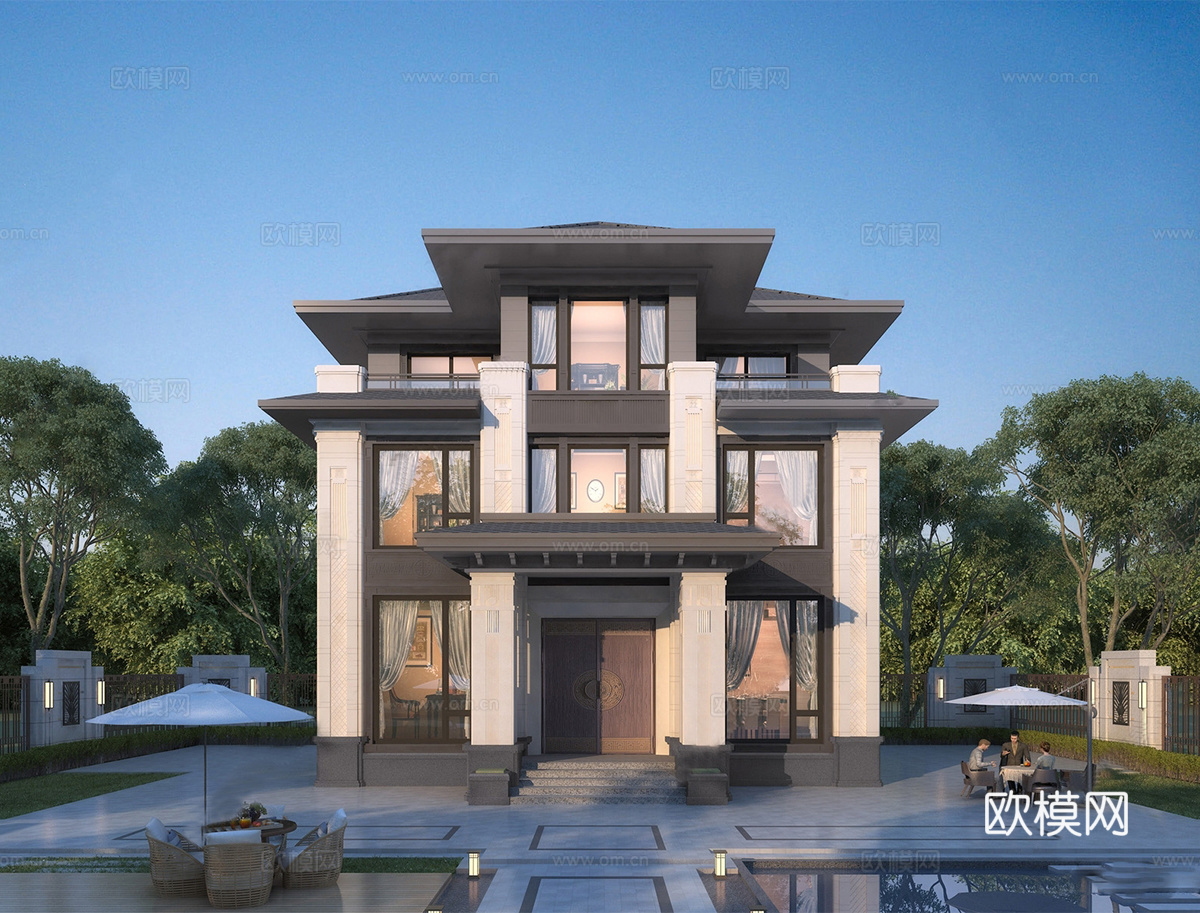 新中式别墅 独栋别墅 自建房 三层别墅su模型