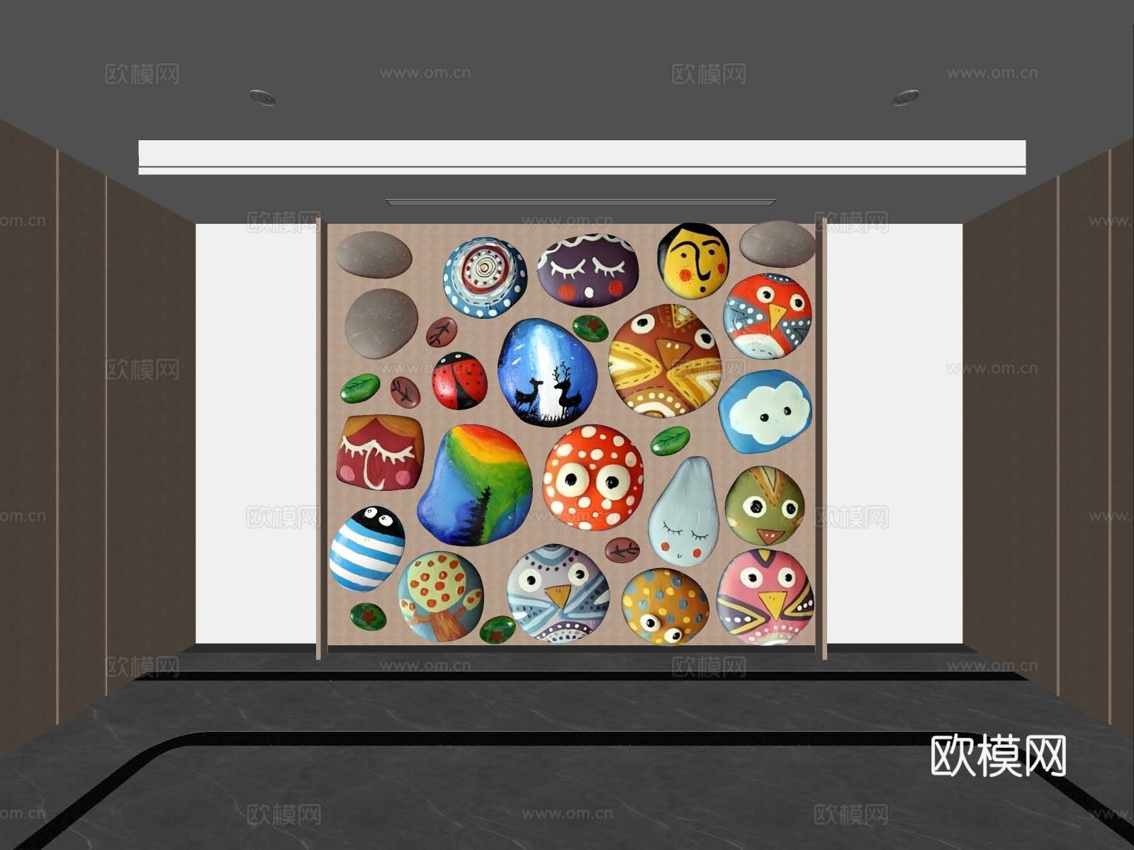 现代背景墙 彩绘卵石背景墙  卵石画背景墙  创意彩绘背景墙su模型