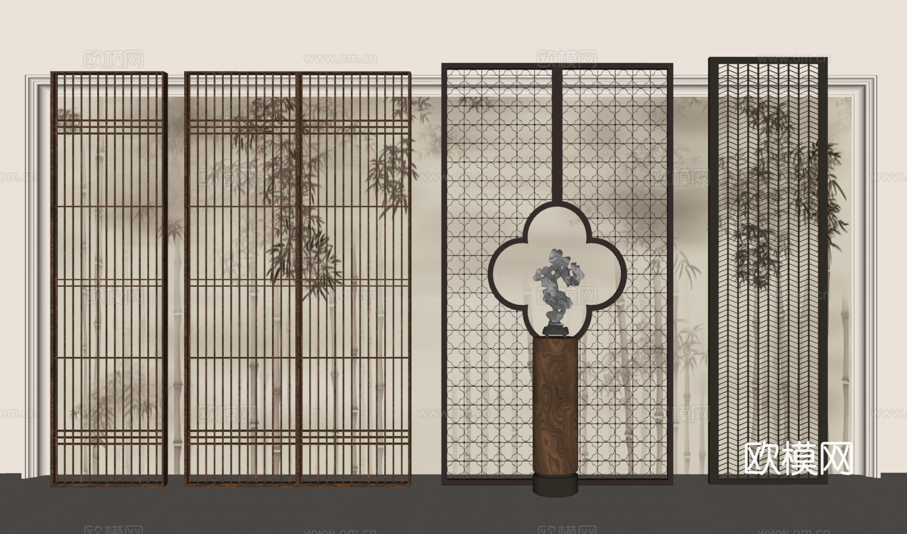 新中式屏风隔断  隔断 实木格栅 玄关屏风隔断 屏风 新中式su模型
