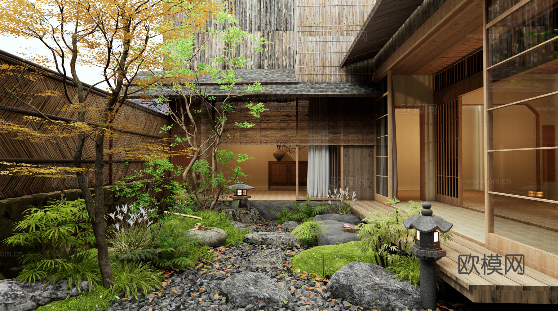 日式禅意庭院景观 汀步 微地形 景观石头 植物组合 景观树3d模型