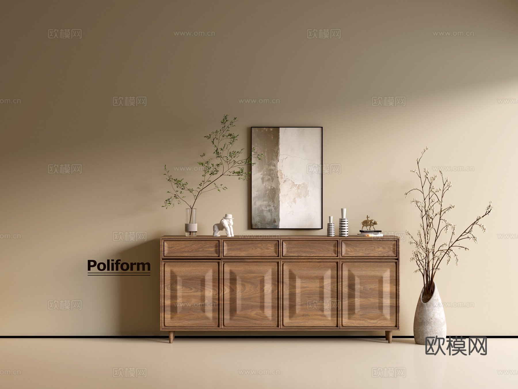 现代木纹柜 ins风极简风柜子  整体柜 餐边柜 阳台柜 储su模型下载（渲染图1）