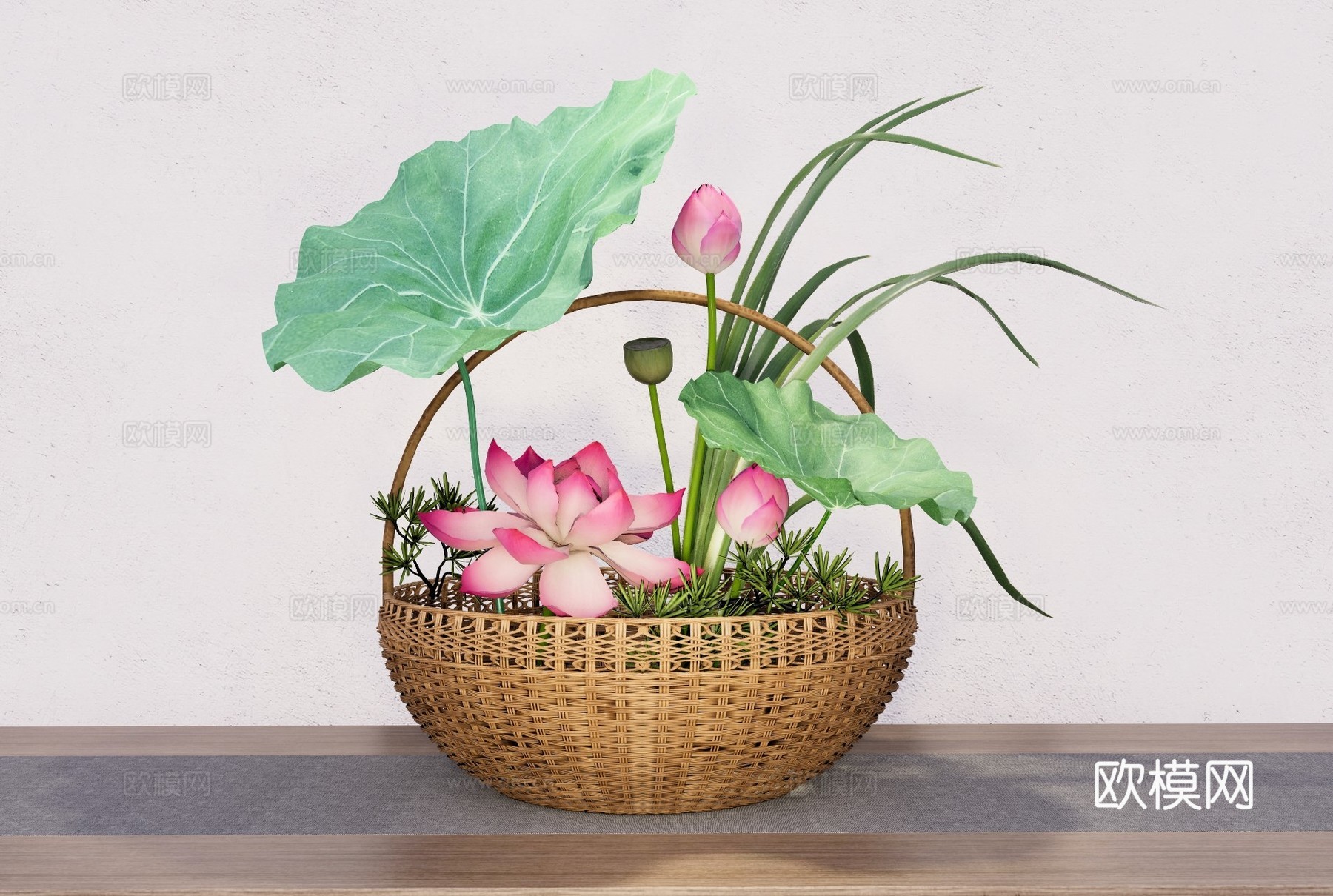 竹编花篮荷花插花 中国传统插花篮花 国风竹编篮花插 古风禅意su模型