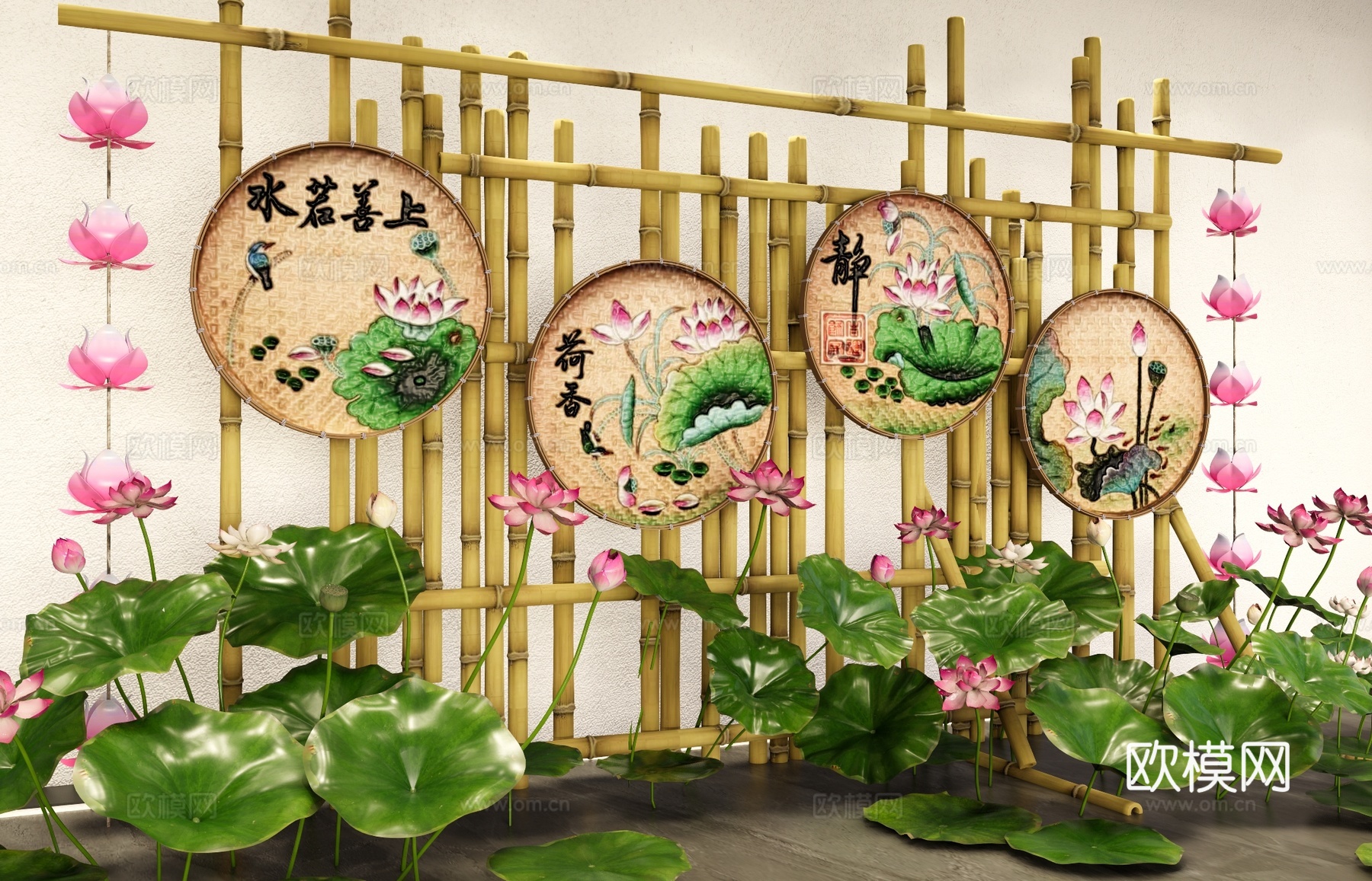 荷花主题艺术美陈 竹编簸箕装饰画 乡村民俗文化美陈 端午节装su模型