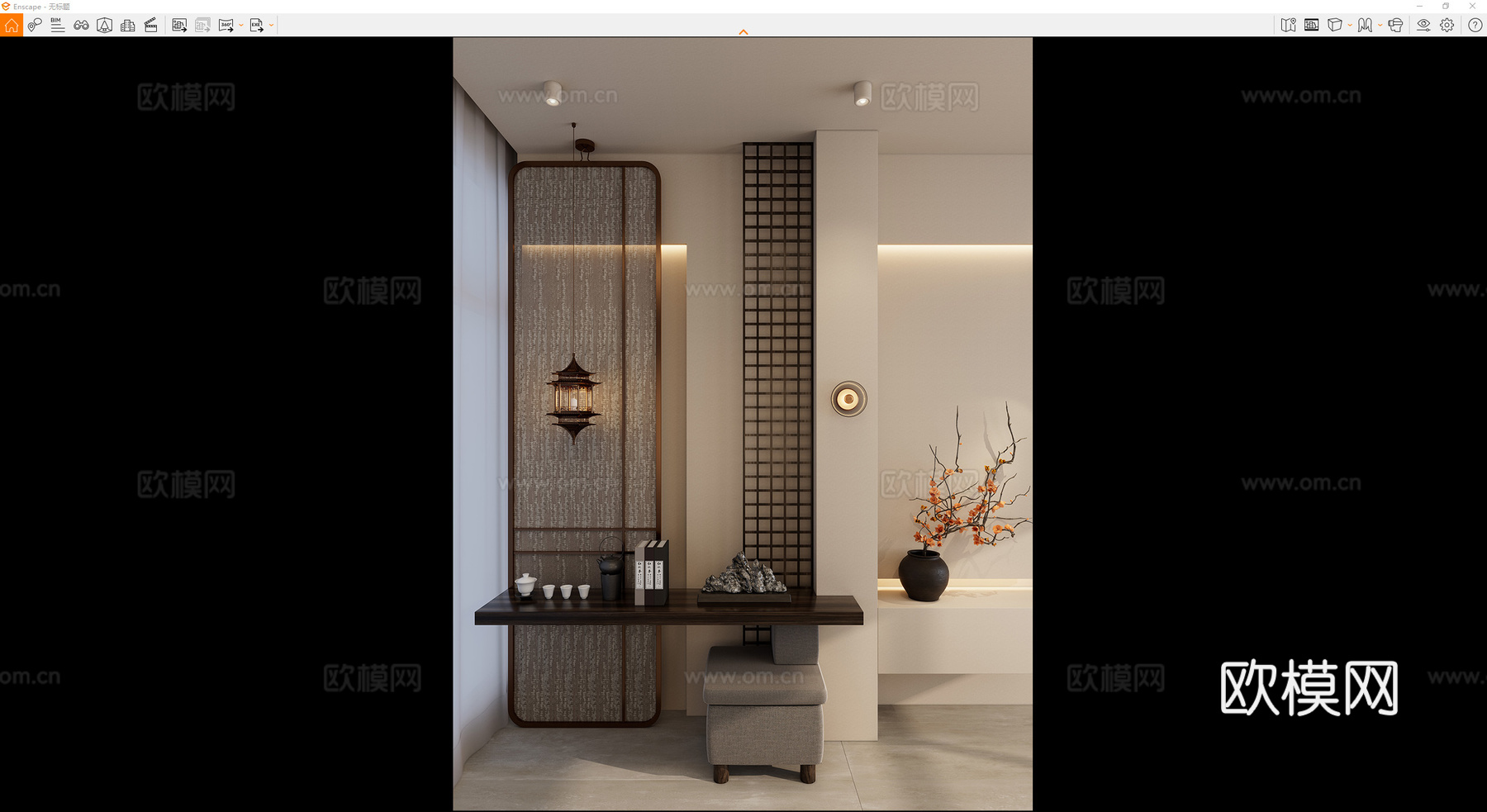宋式 中古风 屏风 实木隔断 端景 宫灯 玄关su模型