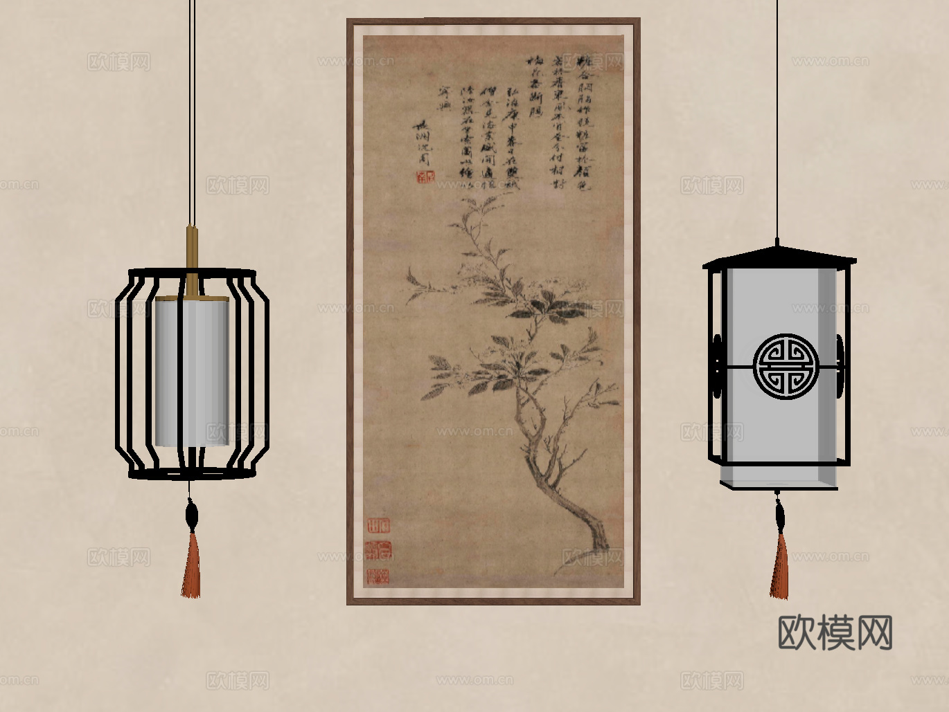 新中式吊灯 挂画su模型