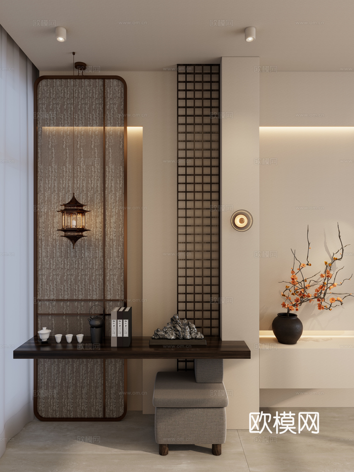 宋式 中古风 屏风 实木隔断 端景 宫灯 玄关su模型