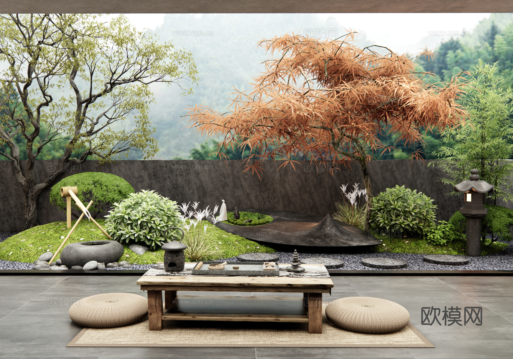 新中式庭院花园 阳台景观造景 庭院小品 红枫 羽毛枫 汀步su模型