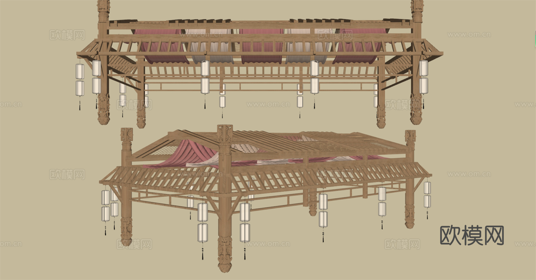新中式框架吊顶 木结构吊顶 人字坡框架吊顶 古建结构su模型