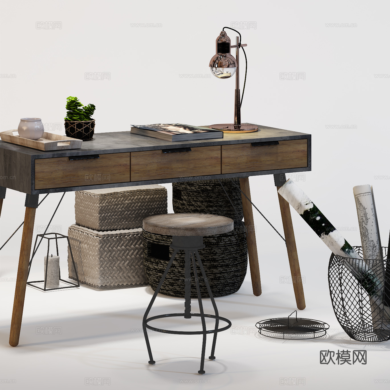 侘寂风书桌椅子组合  挂画台灯3d模型